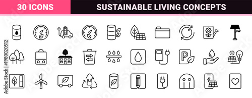 Green city and ecology outline icon set for sustainable living