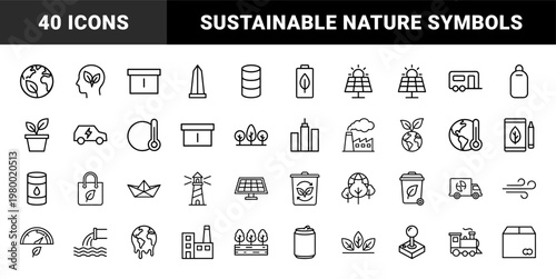 Eco-friendly and sustainability linear icon set for green energy and conservation.