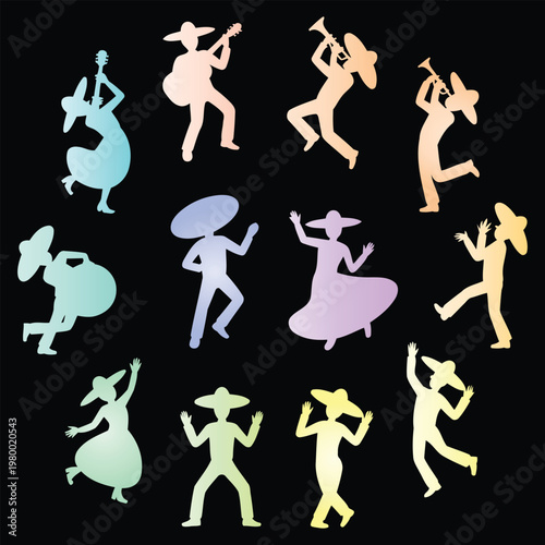 Minimalist silhouette vector icon set featuring funny mariachi characters in action poses playing guitar trumpet dancing jumping spinning lively Mexican celebration icons