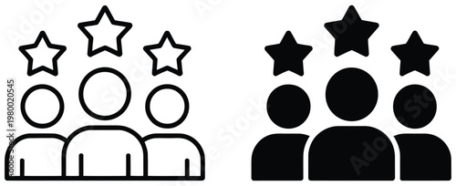 Team success and customer rating icons featuring people silhouettes with stars set of user experience and human resources symbols, employee performance review and customer satisfaction concept vector