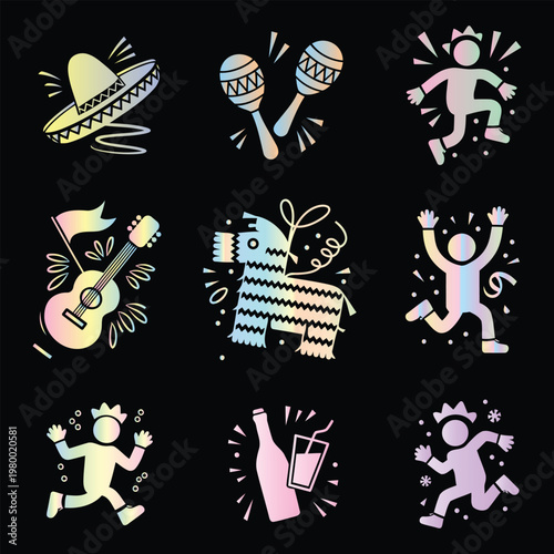 Minimalist silhouette vector icon set featuring funny animated party objects with faces in motion dancing sombrero maracas piñata guitar festive celebration icons