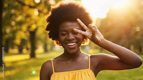 Happy Woman Making Peace Sign in Nature