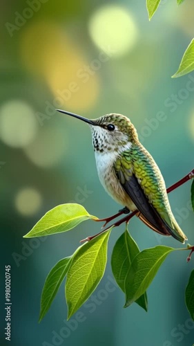 Hummingbird perched on a branch in natural habitat, small colorful bird resting, wildlife nature concept, close up animal scene