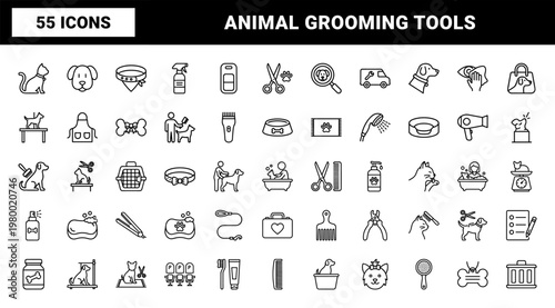 Minimalist pet grooming line icon set for animal care and hygiene.