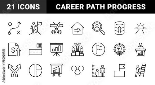 Business growth and career development line icon set