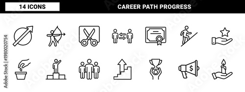 Business growth and career development line icon set