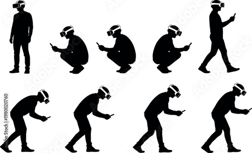 Set of silhouettes representing people wearing VR headsets and using smartphones in various poses including standing walking crouching and leaning