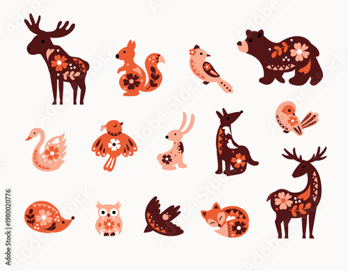  Scandinavian folk forest animals set with floral elements in nordic style illustration