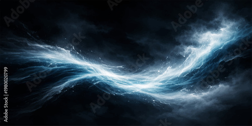 An abstract dark blue background features a storm cloudscape with powerful lightning motion and a smoke texture over the deep sea night
