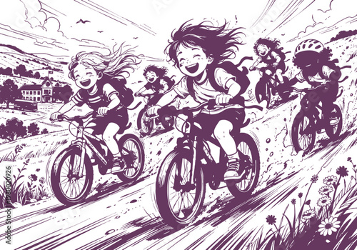 Happy Kids Racing Bikes Down Country Road