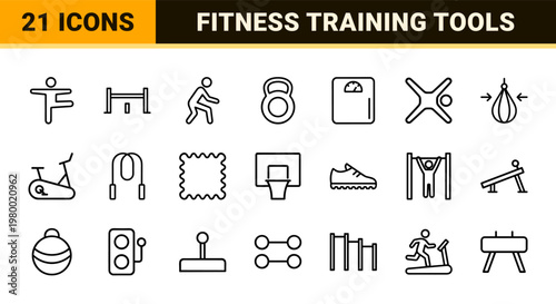 Gym and fitness minimalist outline icon set for workout and training.