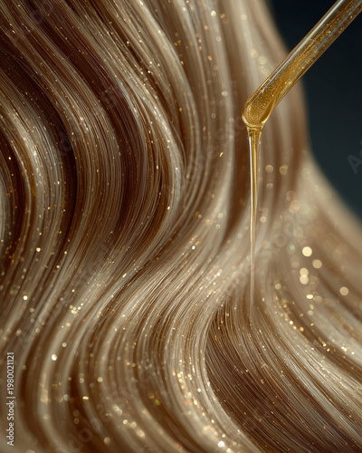 Wallpaper Mural Elegant hair care scene with golden hair oil and smooth hair gently applied to long Torontodigital.ca