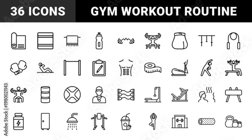 Minimalist gym and fitness line icon set for workout and wellness tracking