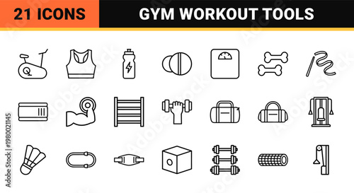 Gym and fitness line icons set with exercise equipment
