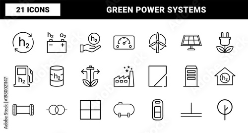 Green hydrogen energy and sustainable technology thin line icons.