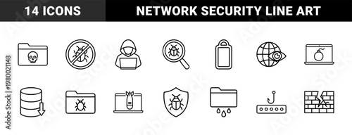 Hacking and cyber security line icons for web and data protection