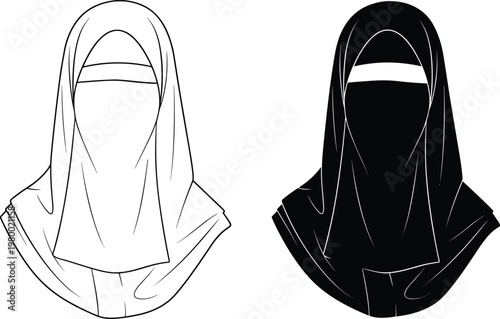 Diverse female avatars vector set featuring various hairstyles hats and niqab headcoverings in clean line art and silhouette styles