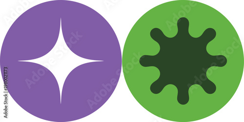 Two circular icons featuring a sparkling star and a biological microorganism cell for medical educational purposes