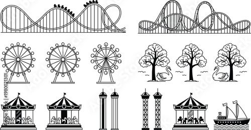 Amusement park and fairground vector icons set featuring roller coasters ferris wheels carousels and theme park entertainment symbols