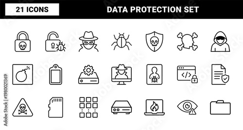 Minimalist hacking and cybersecurity line icons for data protection and web safety