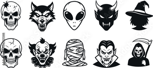 Vector horror monster icons set featuring skull werewolf alien demon witch clown mummy vampire and grim reaper for Halloween graphic design