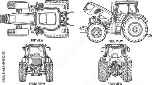 Agricultural tractor multi view drawing with top side front and rear perspectives detailed farming machinery line illustration