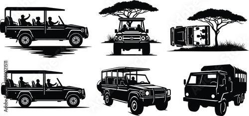 African safari vehicle silhouettes set featuring off-road 4x4 trucks with tourists and acacia trees for adventure travel and wildlife tour icons vector illustration