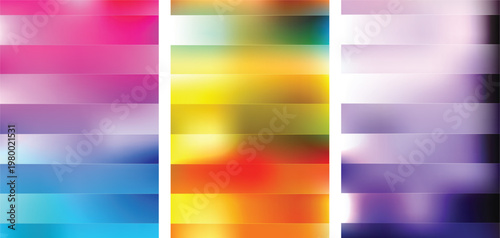 Collection of eighteen rectangular gradient panels featuring vibrant color transitions from pink and blue to yellow orange and purple hues arranged in three vertical columns