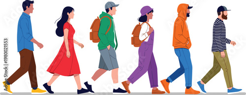 Diverse group of young people walking together in casual outfits with backpacks for travel adventure or urban lifestyle concept flat vector illustration
