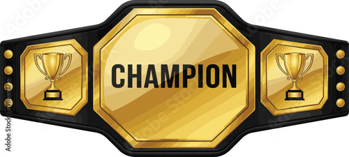 Golden championship belt with trophy icons for sports competition winner victory award and martial arts tournament success isolated vector illustration