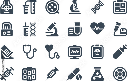 Collection of medical and laboratory science icons featuring biological research equipment and essential healthcare diagnostic tools