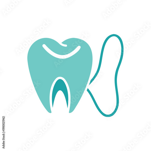 A stylized illustration of a tooth with a dental floss attached to it.