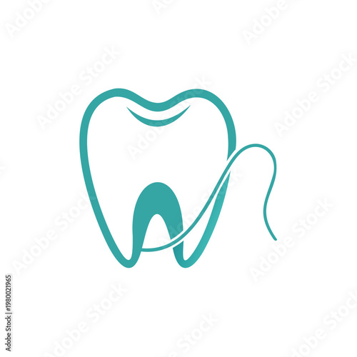 A stylized illustration of a tooth with a root and a dental floss.