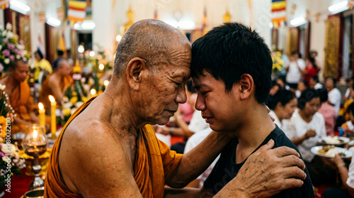 Senior buddhist monk giving blessing and spiritual guidance to young man in temple