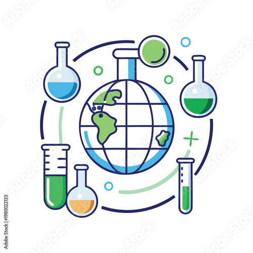 Global science and chemistry illustration with laboratory equipment surrounding the earth