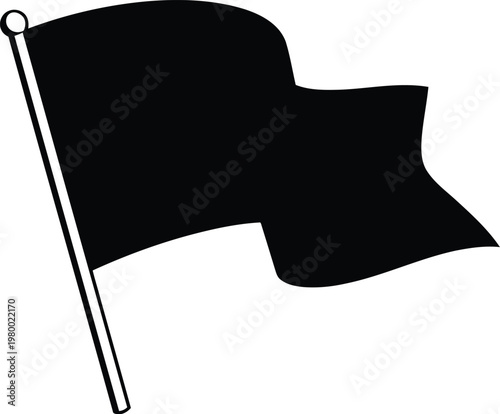 Black flag waving in wind on flagpole, symbol of surrender, defeat, emptiness or neutrality, isolated on transparent background