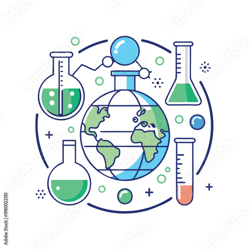 Science and sustainability illustrated with laboratory equipment and globe