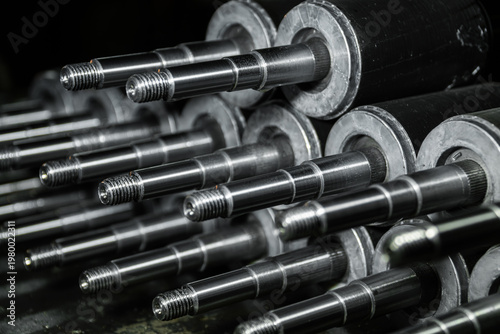 Obraz na plátně Precision engineered metal shafts, close up of industrial components