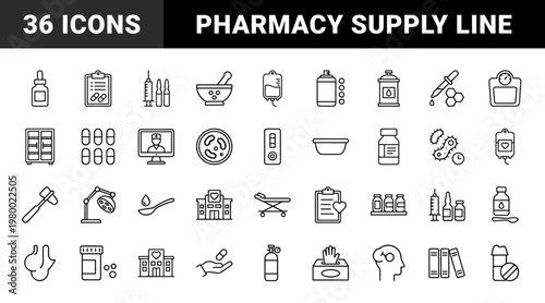 Healthcare and pharmaceutical linear icon set with medicine symbols