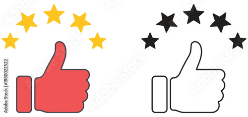 Thumbs up icon set with gold five stars for customer feedback premium quality rating top service recommendation and successful approval ranking, customer satisfaction and excellence award concept 
