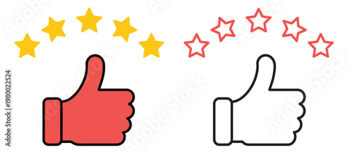 Thumbs up icon set with gold five stars for customer feedback premium quality rating top service recommendation and successful approval ranking, high performance review system and trusted service appr