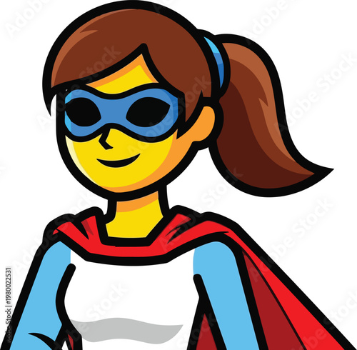 Cartoon superhero girl with a cape and mask smiling happily ready for action.