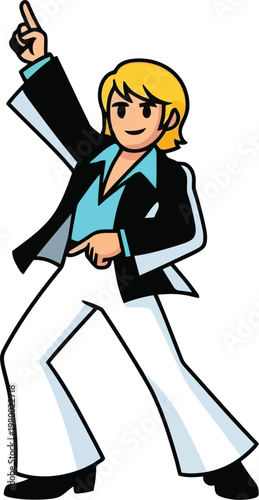 Disco dancer with blonde hair wearing bell bottom pants and blazer pointing finger up on transparent background