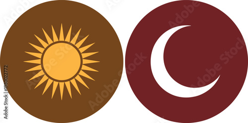 Bright yellow sun and white crescent moon icons displayed inside contrasting dark brown and red circles