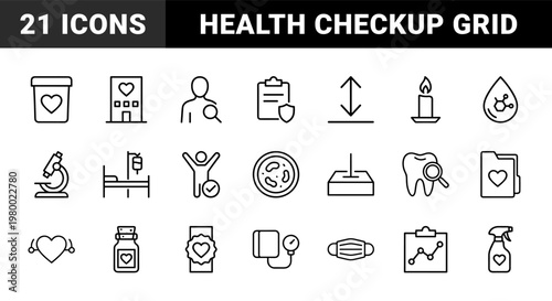 Medical checkup and healthcare line icons set