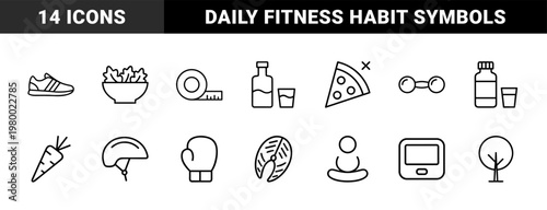 Minimalist wellness and healthy living outline icons set