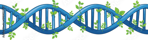 Blue DNA helix structure with growing green leaves concept for biotechnology genetic engineering organic nature science and sustainable bio innovation vector illustration