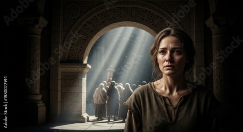 Woman in ancient temple with pilgrims and light rays
