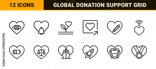 Charity and donation heart icons set in minimalist outline style