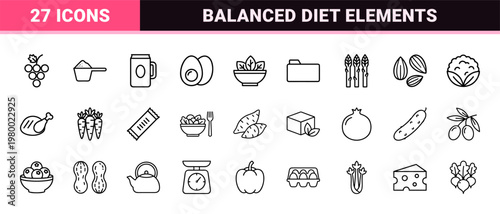 Organic healthy food and nutrition line icons set